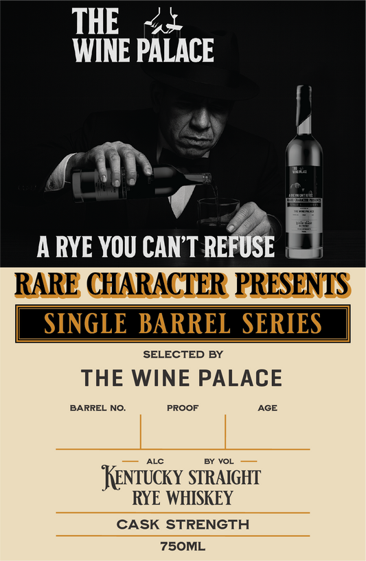 Promotional poster for Kentucky Straight Rye Whiskey from The Wine Palace with a man pouring whiskey.
