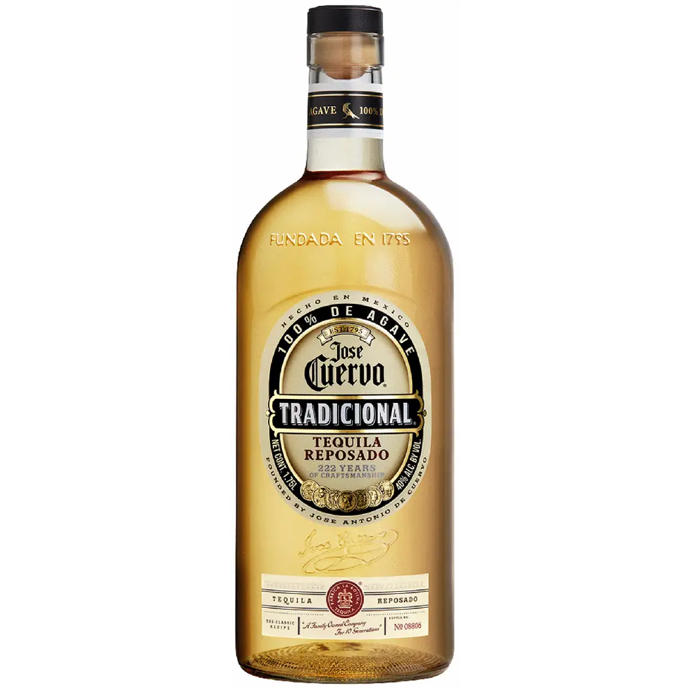 Bottle of Jose Cuervo Tradicional Tequila Reposado on a white background
