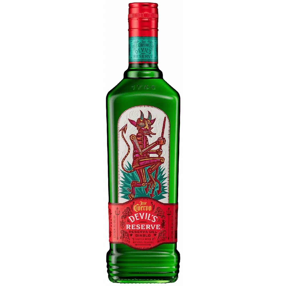 Green bottle of Jose Cuervo Devil's Reserve with red cap on a white background