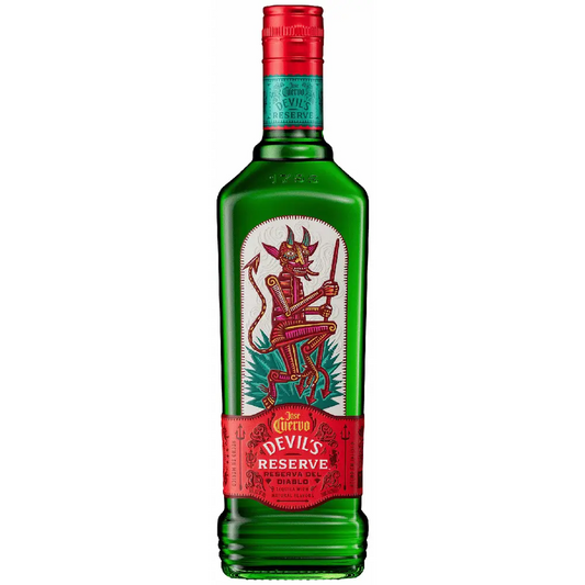Green bottle of Jose Cuervo Devil's Reserve with red cap on a white background