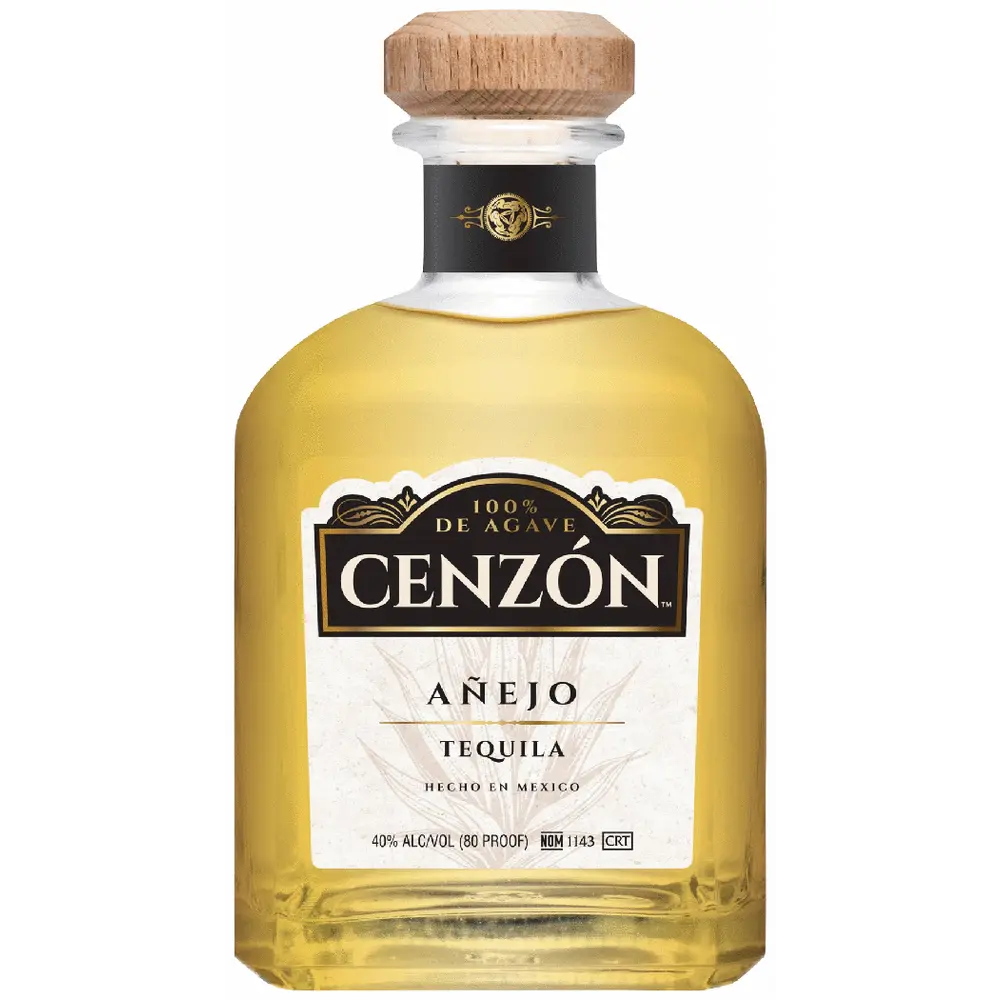 Cenzon Anejo Tequila bottle with wooden cap on a white background