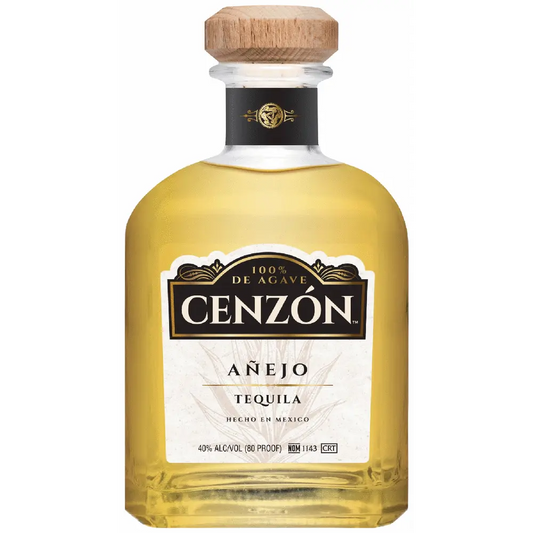 Cenzon Anejo Tequila bottle with wooden cap on a white background