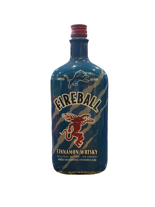 Fireball Cinnamon Whisky bottle with blue label and red cap on a white background