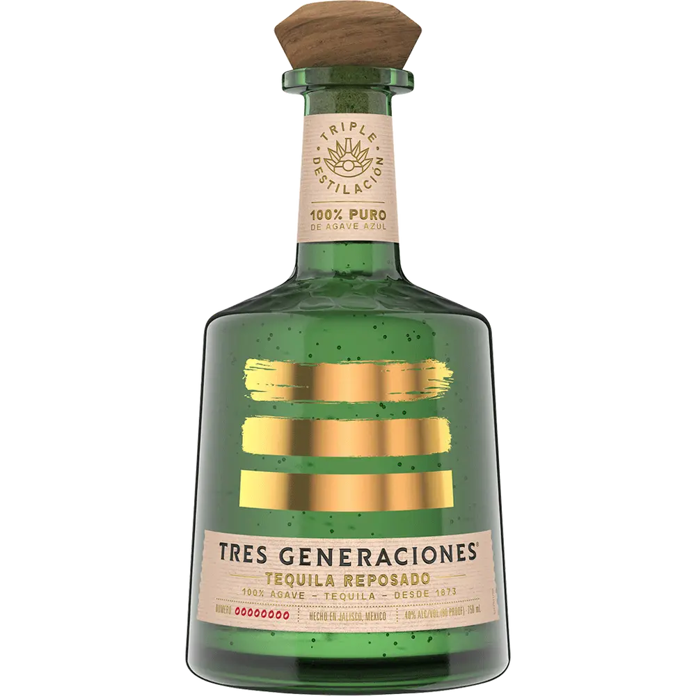 Green tequila bottle with gold accents on a white background