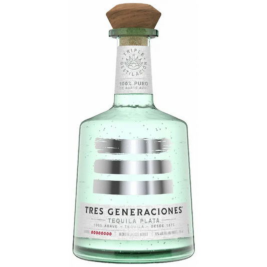 Tequila bottle labeled 'Tres Generaciones' on a white background