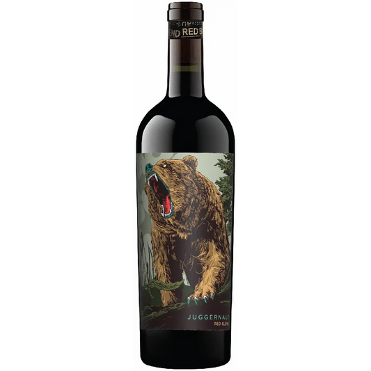 Wine bottle with a bear illustration on the label against a white background