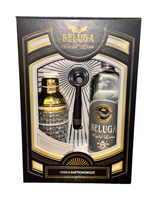 Beluga Gold Line vodka set in a decorative box with two bottles and a spoon.