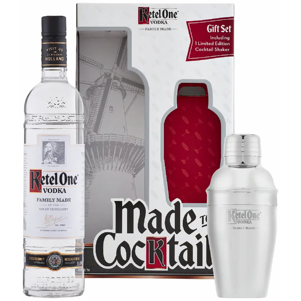 Ketel One Vodka bottle with cocktail shaker and packaging on a white background