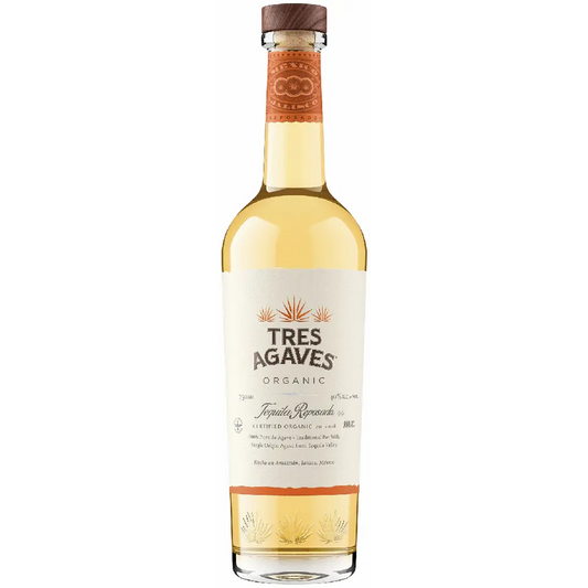 Tres Agaves organic tequila bottle on a white background