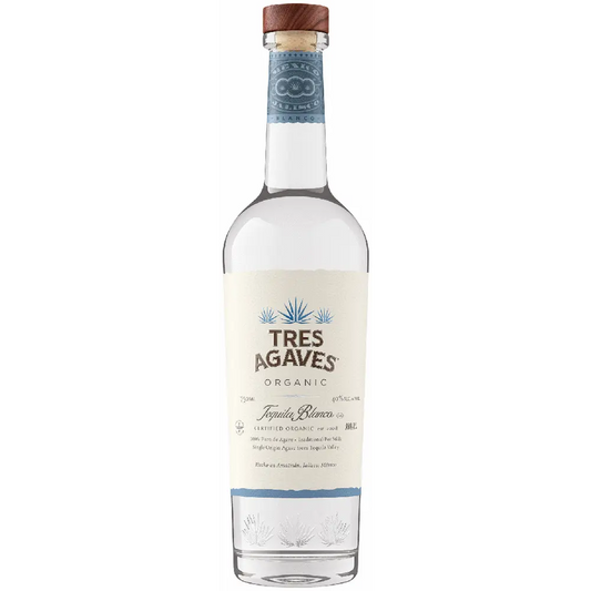 Tres Agaves tequila bottle on a white background