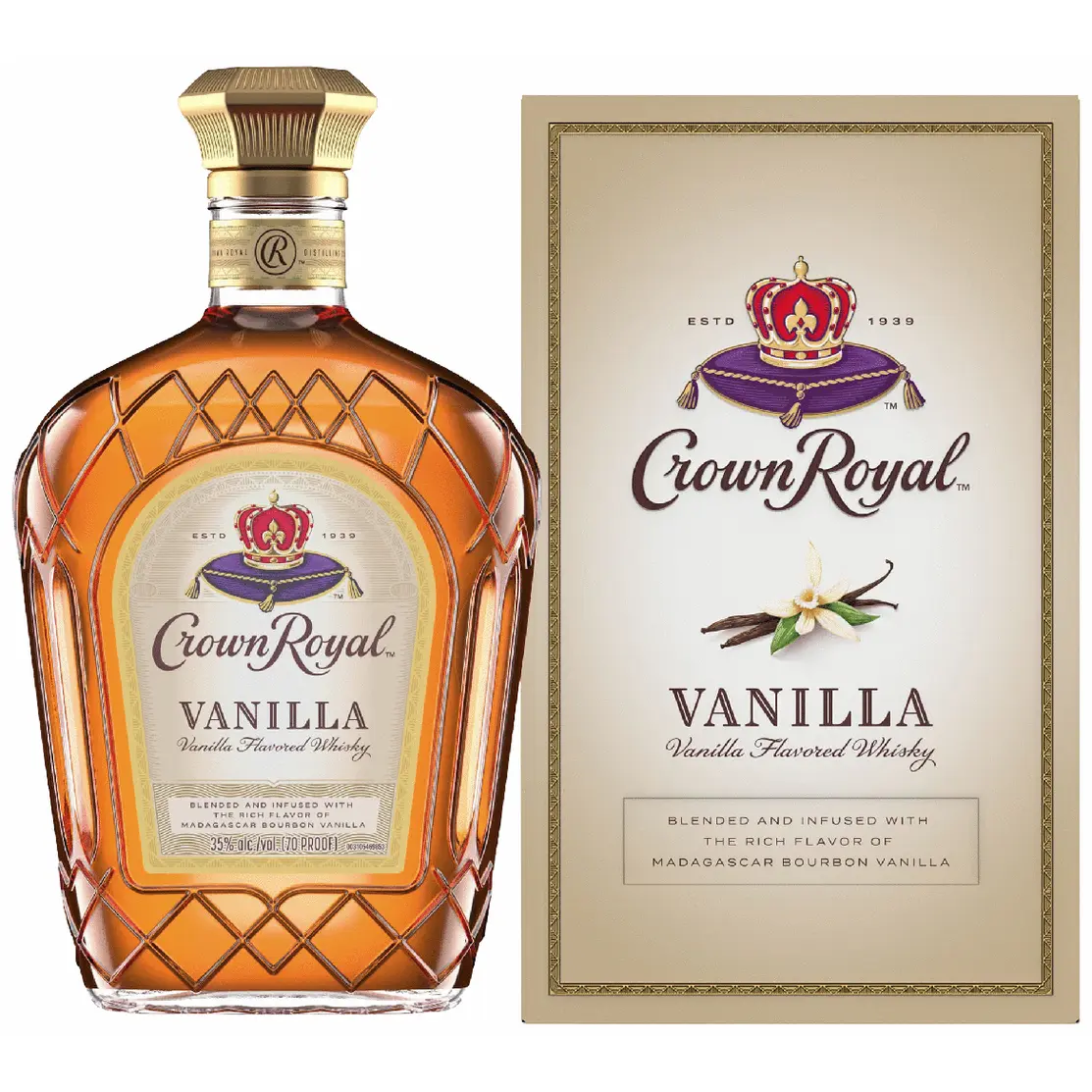 Crown Royal Vanilla whiskey bottle and packaging on a white background