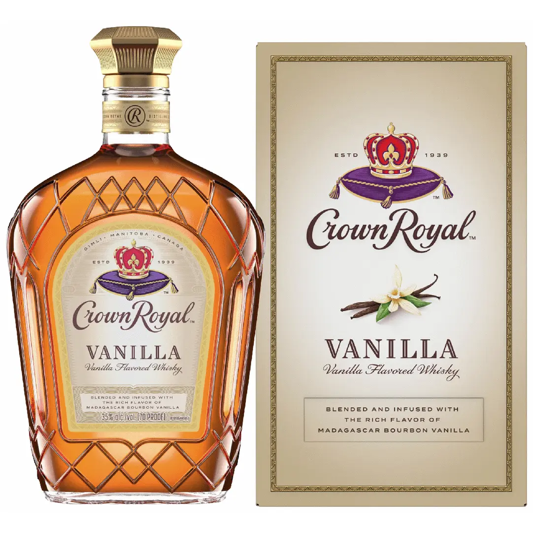 Crown Royal Vanilla whiskey bottle and packaging on a white background