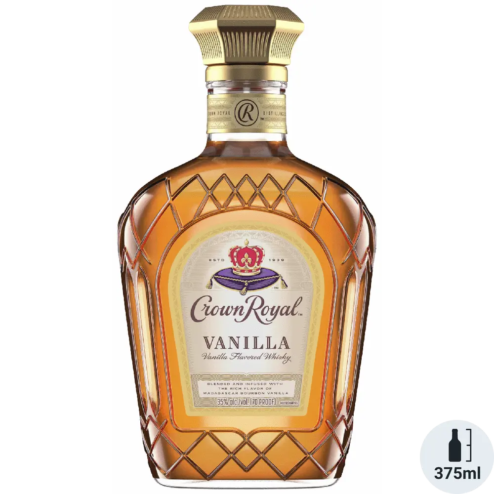 Bottle of Crown Royal Vanilla whiskey on a white background