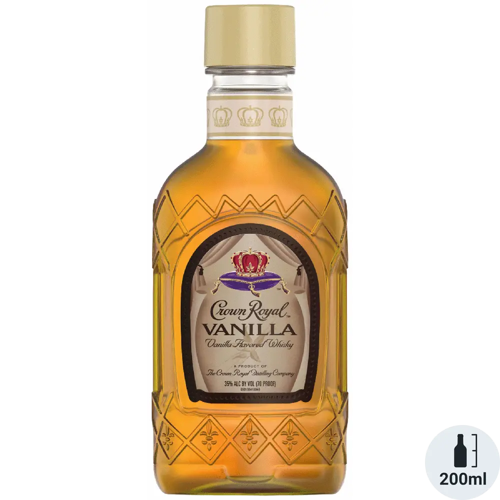 Bottle of Crown Royal Vanilla whiskey on a white background