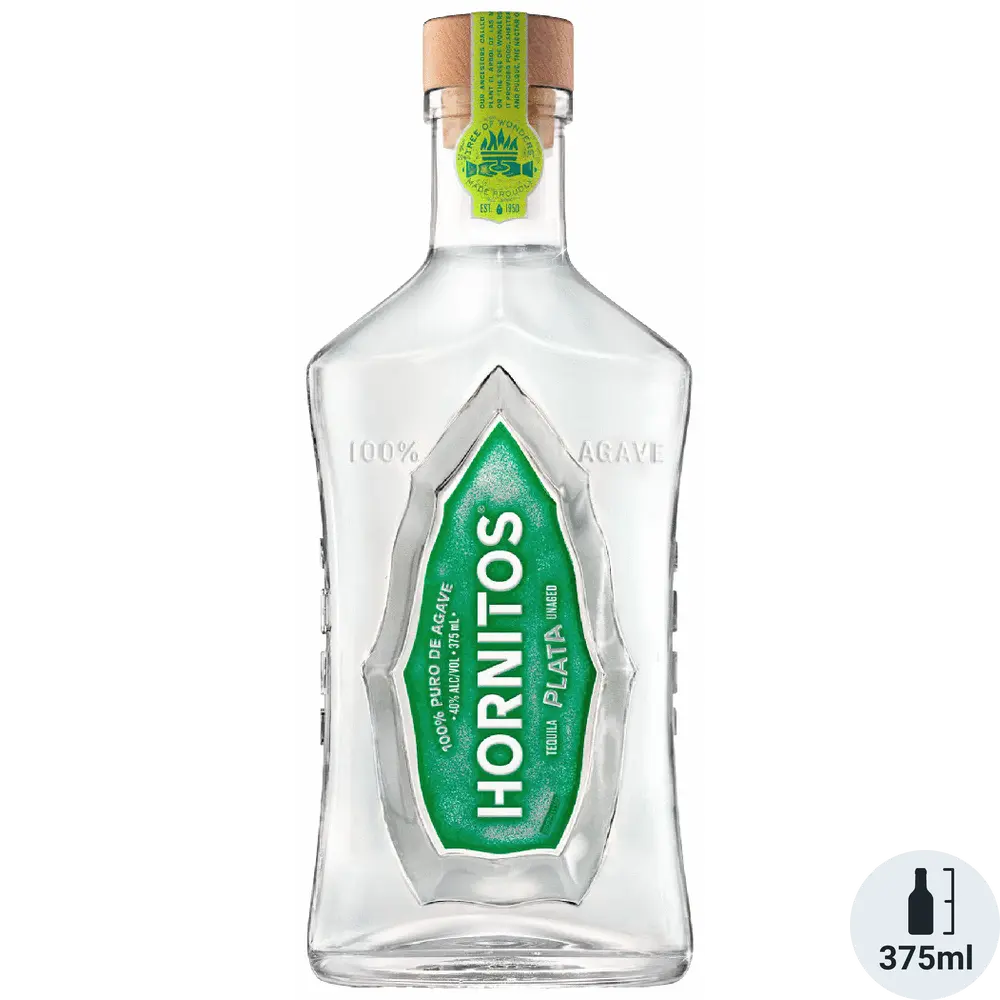 Hornitos Plata tequila bottle with green label on a white background