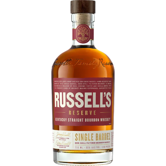 Bottle of Russell's Reserve Kentucky Straight Bourbon Whiskey on a white background
