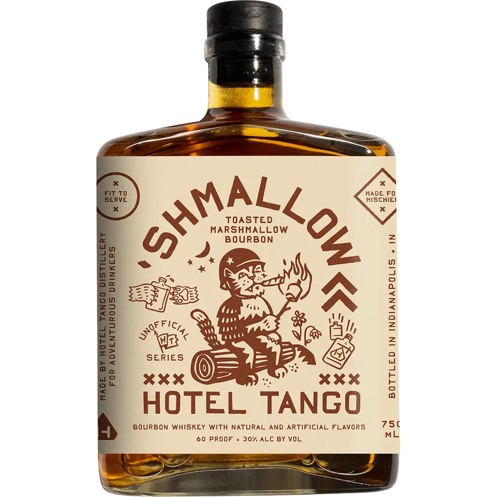 Bottle of Shmallow Hotel Tango bourbon with a decorative label on a white background
