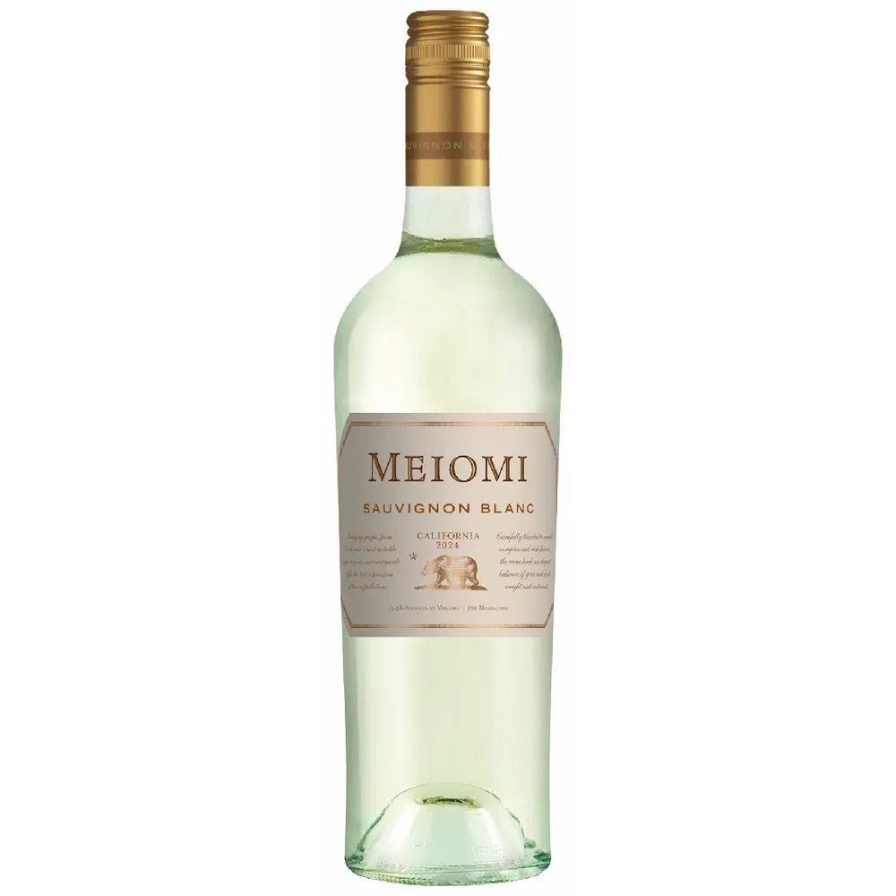 Meiomi Sauvignon Blanc wine bottle on a white background