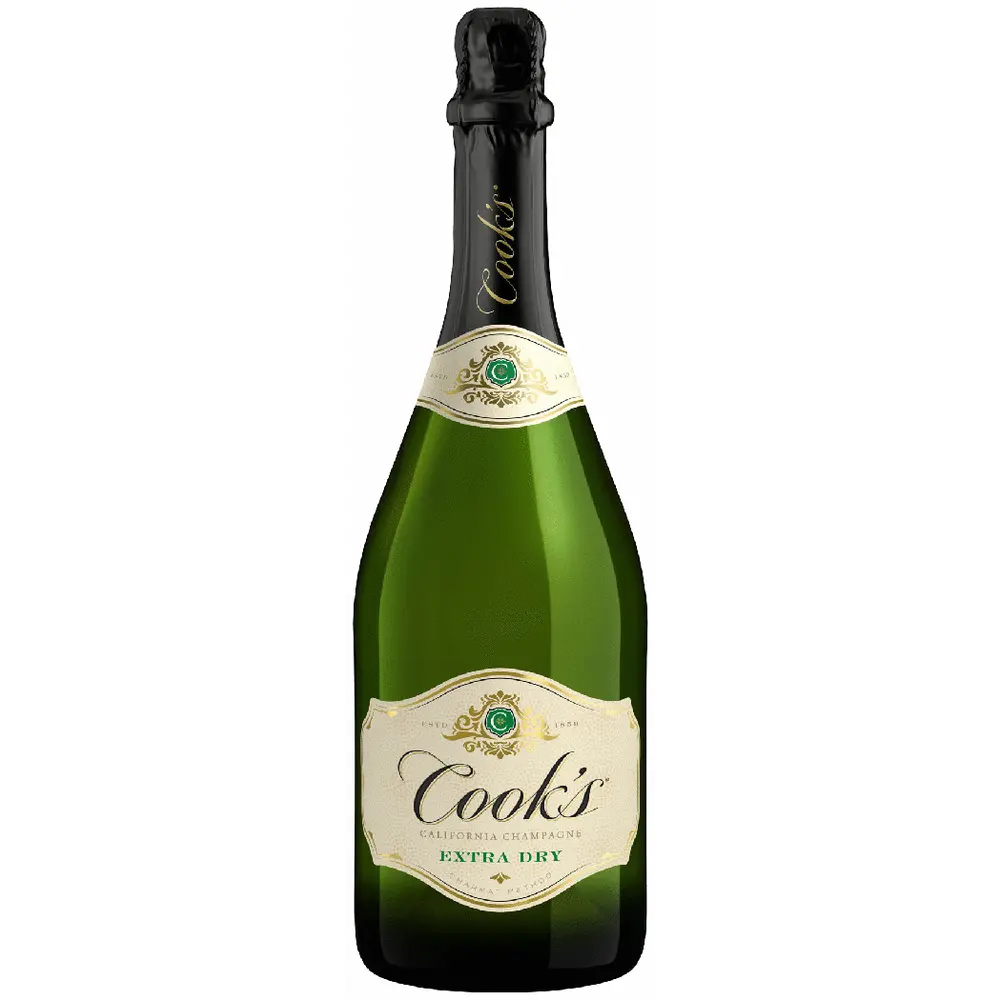 Green bottle of Cook's sparkling wine on a white background