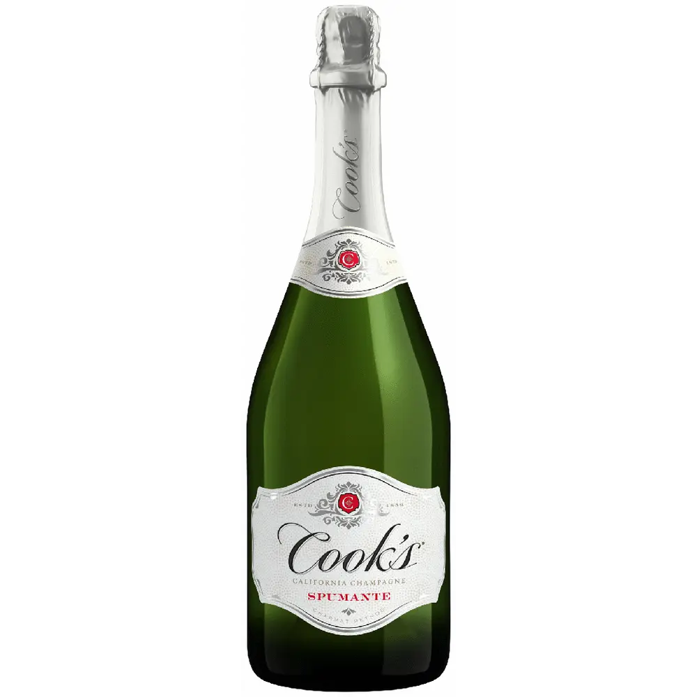 Green bottle of Cook's sparkling wine on a white background