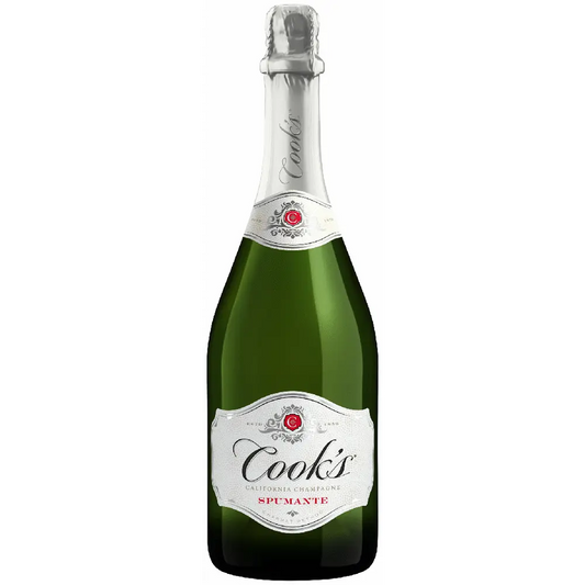 Green bottle of Cook's sparkling wine on a white background