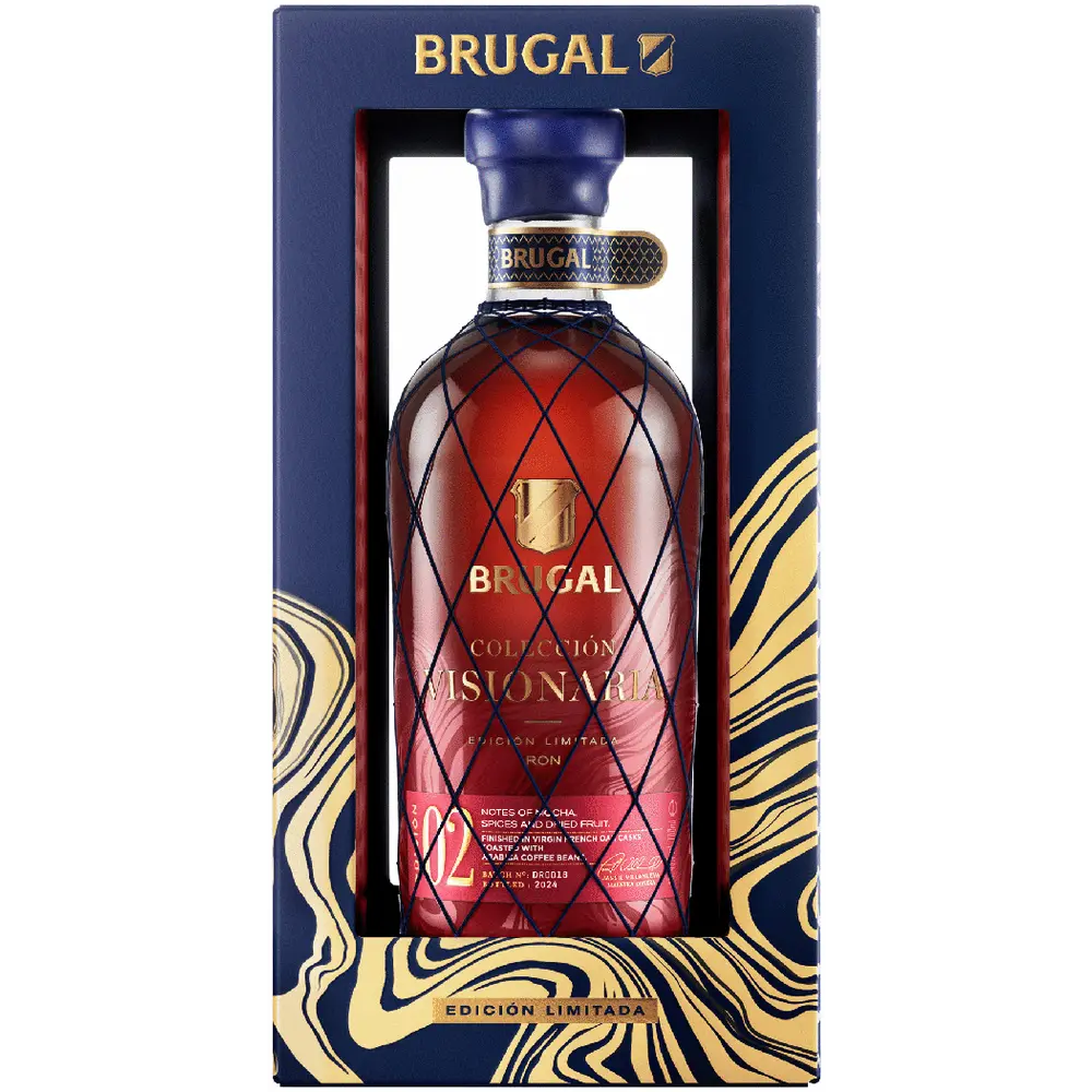 Brugal rum bottle in a decorative box on a white background