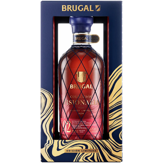 Brugal rum bottle in a decorative box on a white background