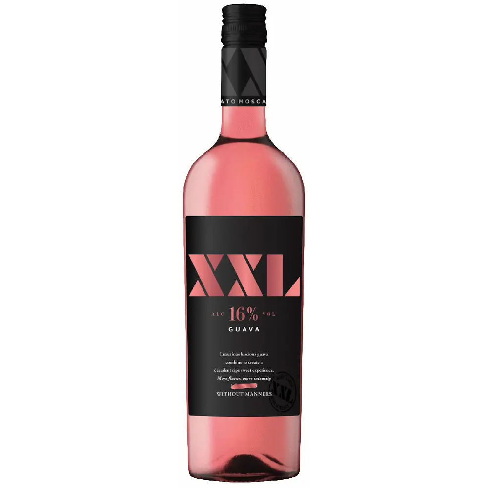 Bottle of pink wine with a black label on a white background