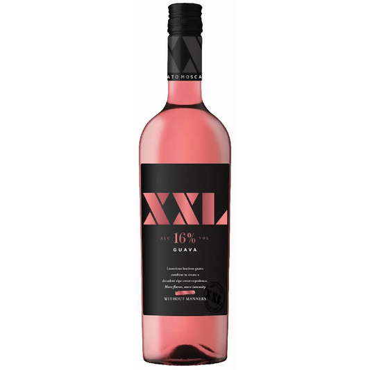 Bottle of pink wine with a black label on a white background