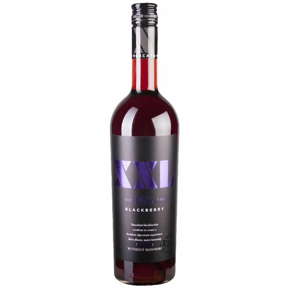 Bottle of blackberry wine with a purple label on a white background