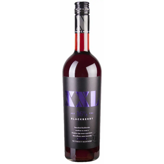 Bottle of blackberry wine with a purple label on a white background