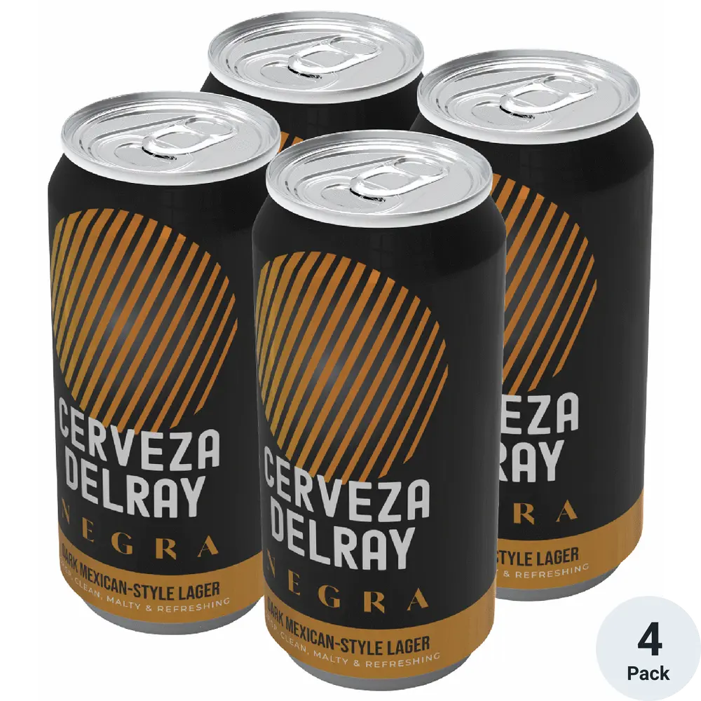 Four cans of Cerveza Delray Negra on a white background