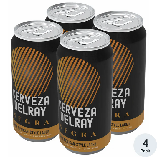 Four cans of Cerveza Delray Negra on a white background