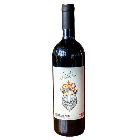 Wine bottle with 'Listra' label on a white background