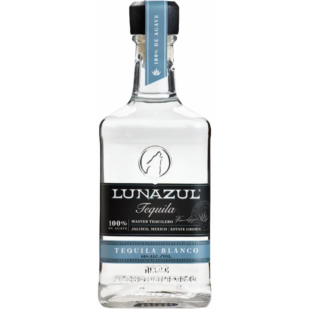 Lunazul Tequila Blanco bottle on a white background