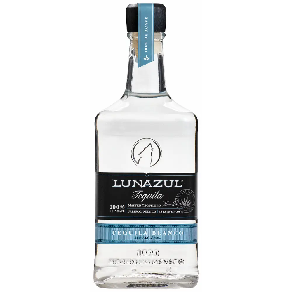 Lunazul Tequila Blanco bottle on a white background