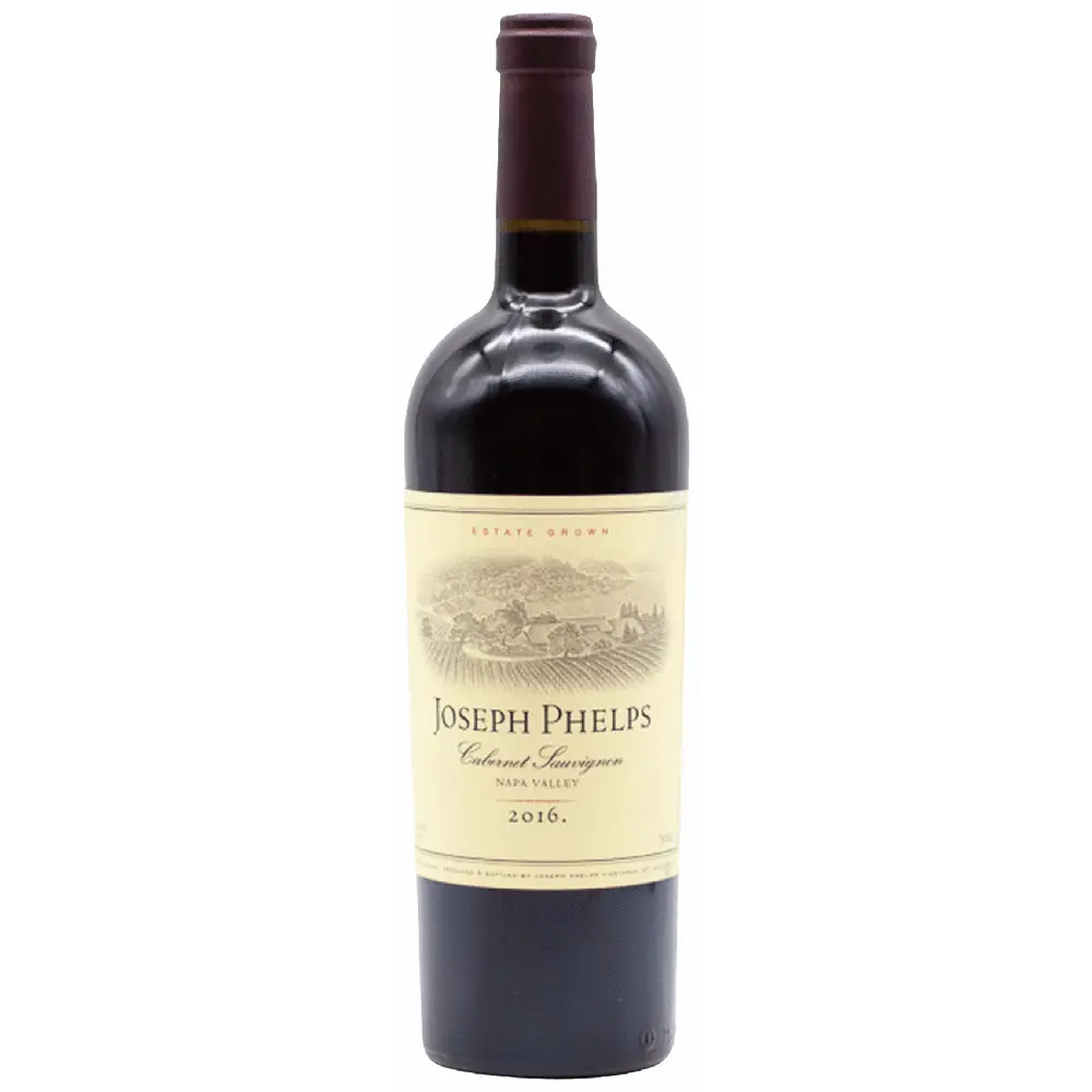 Bottle of Joseph Phelps Cabernet Sauvignon wine on a white background