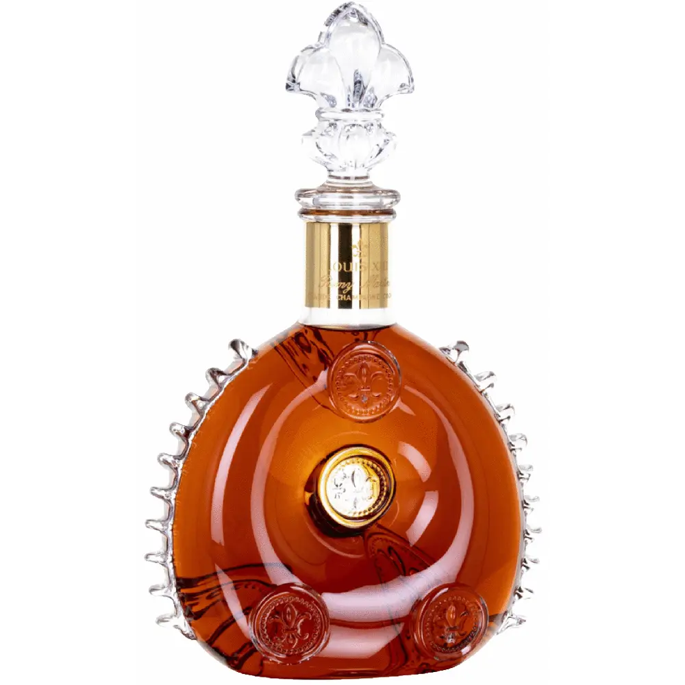 Luxury cognac bottle with intricate design on a white background