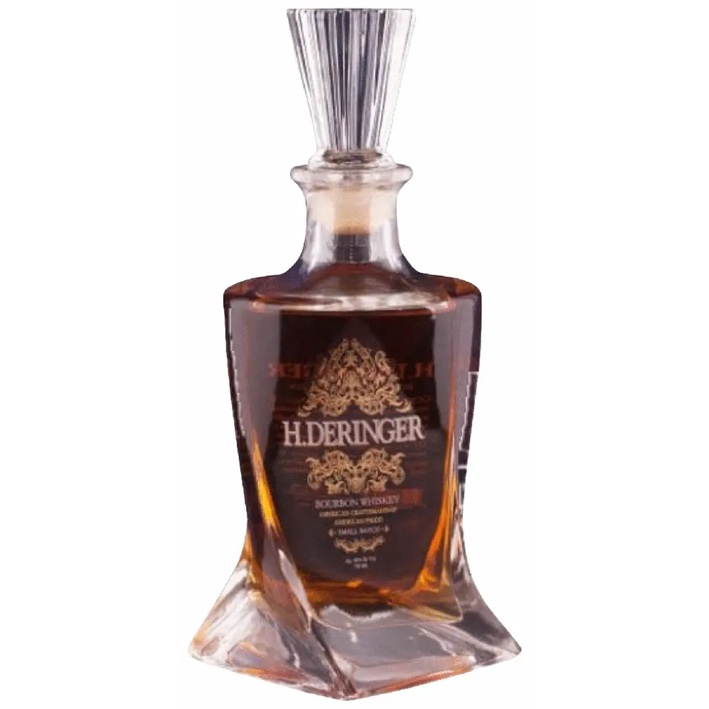 H. Deringer bourbon whiskey decanter on a white background