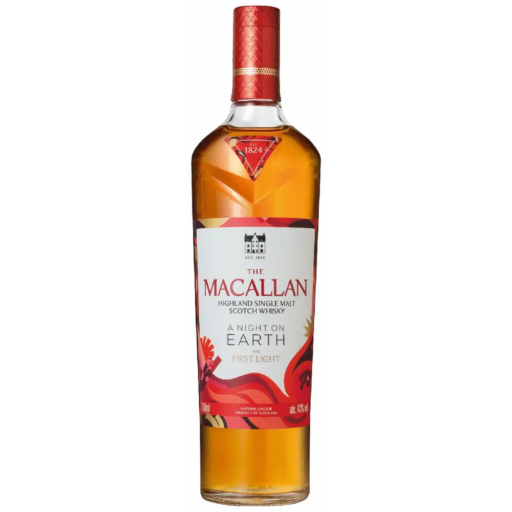 The Macallan whisky bottle with a red label on a white background
