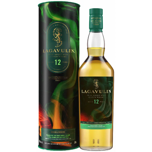 Lagavulin 12-year-old whisky bottle and packaging on a white background