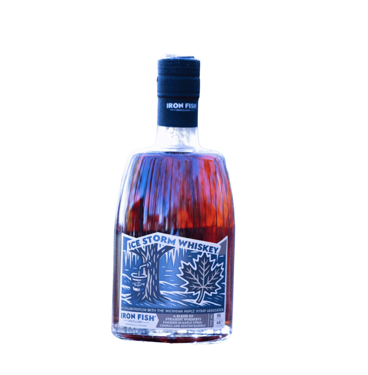 Bottle of Ice Storm Whiskey with a blue label on a white background