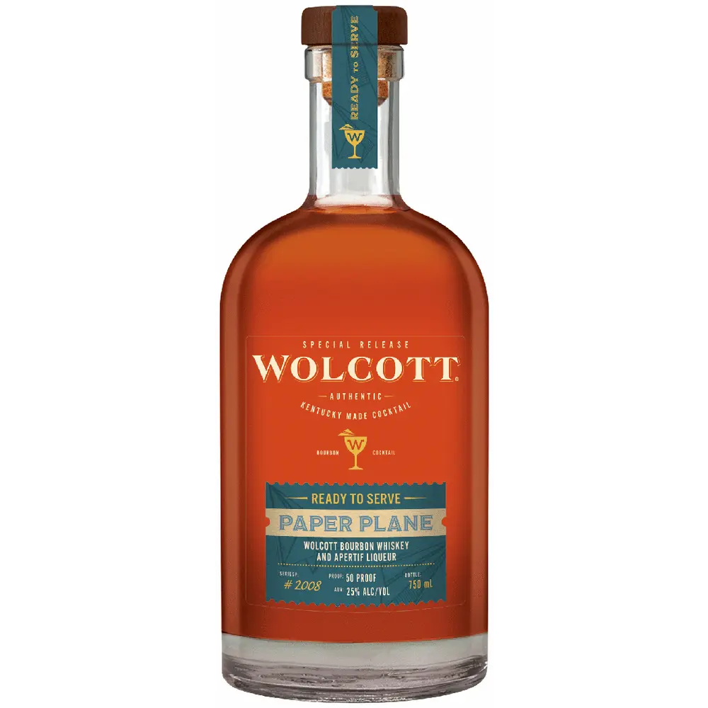 Bottle of Wolcott Paper Plane whiskey on a white background