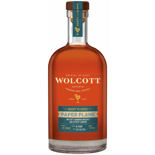 Bottle of Wolcott Paper Plane whiskey on a white background