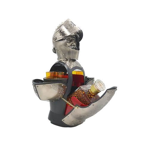Decorative bottle holder shaped like a knight's helmet with bottles inside on a white background