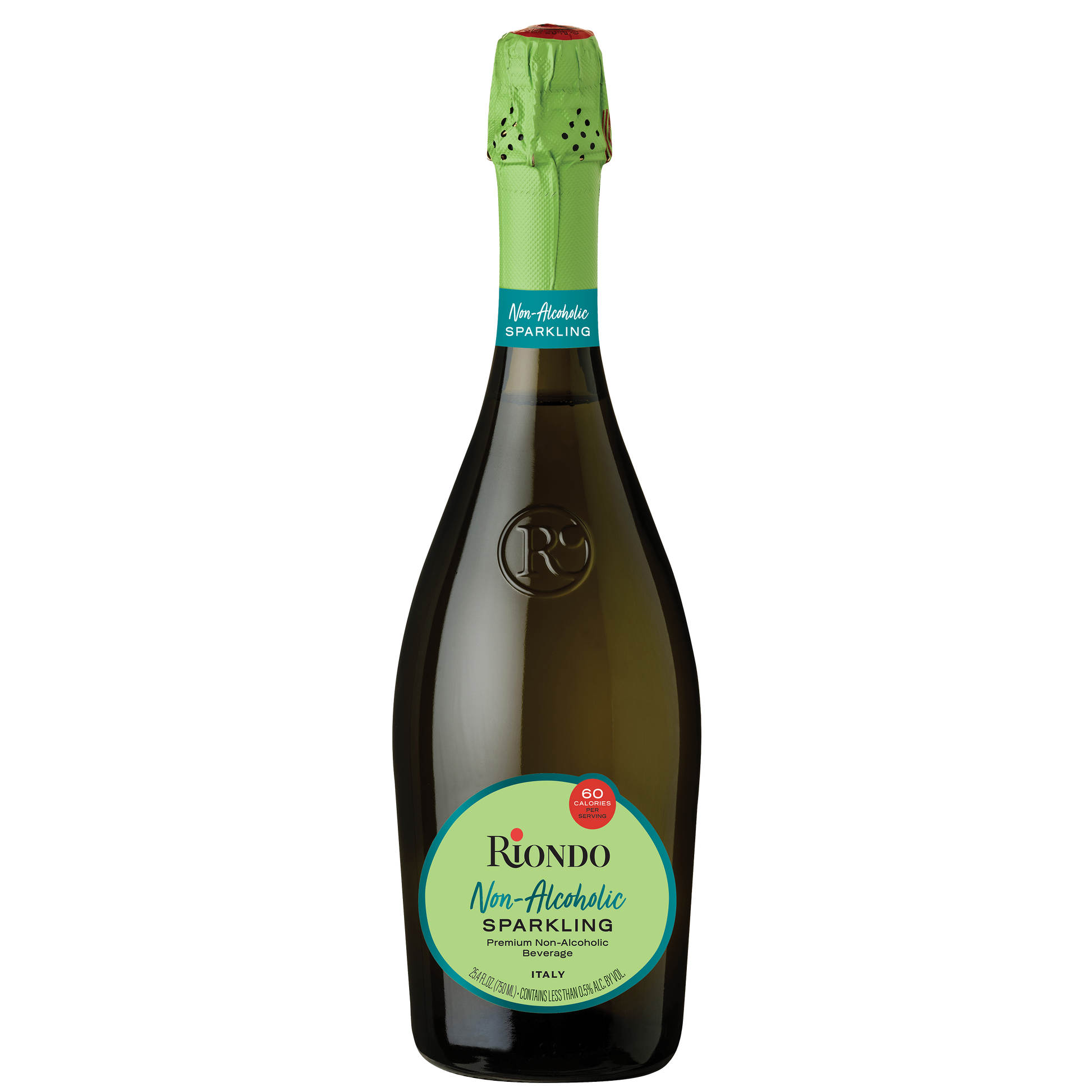 Bottle of Riondo non-alcoholic sparkling wine on a white background