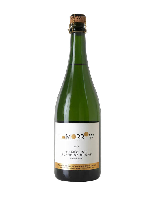 Bottle of Tomorrows sparkling wine on a white background