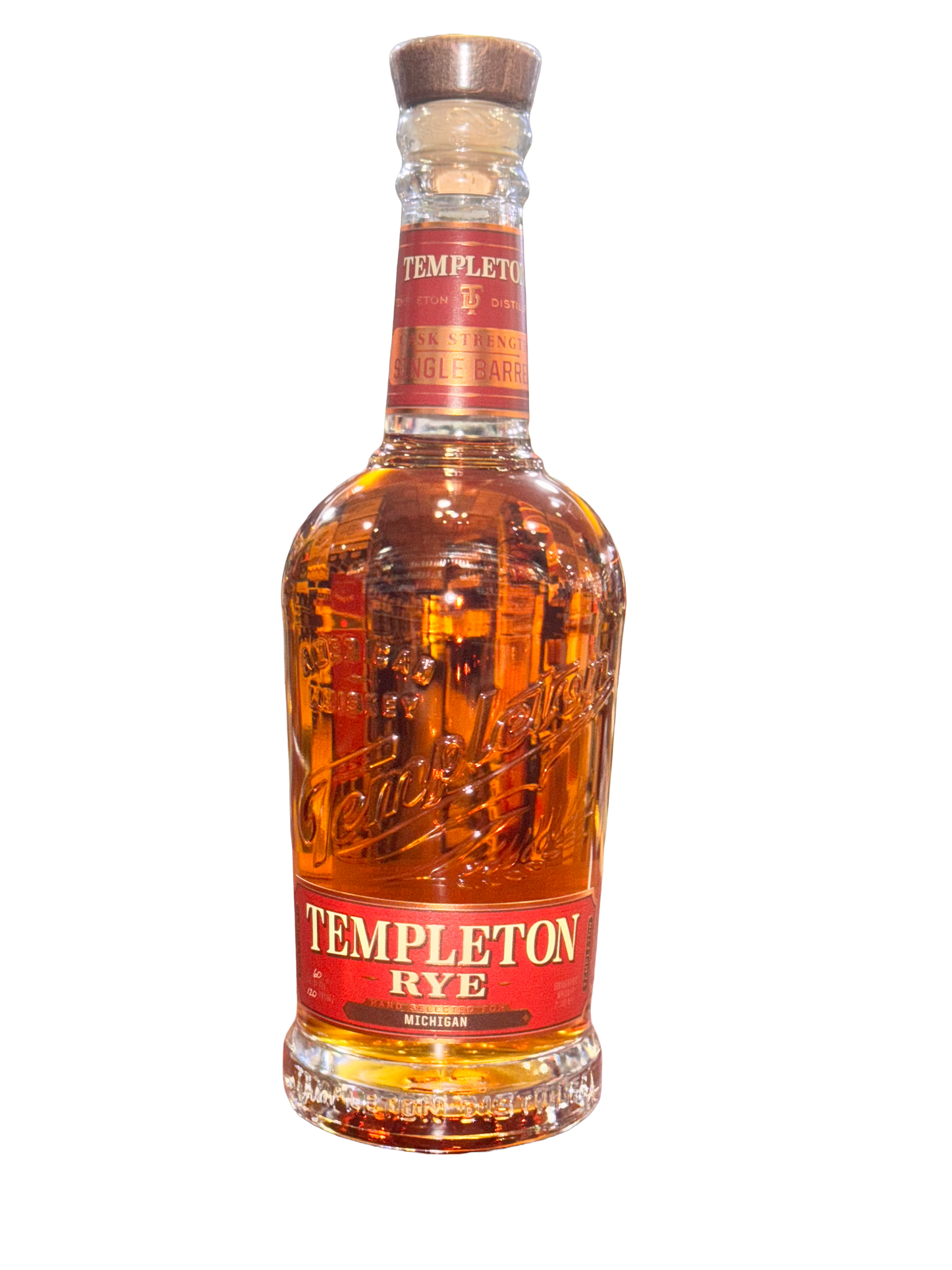Bottle of Templeton Rye whiskey on a white background