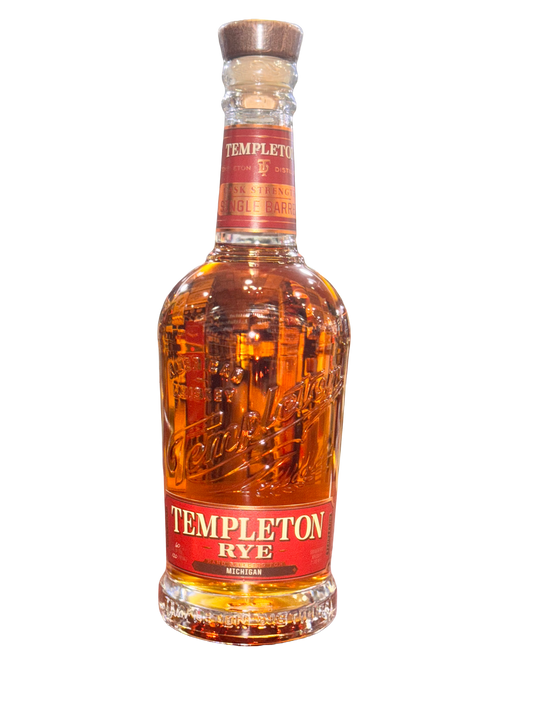 Bottle of Templeton Rye whiskey on a white background