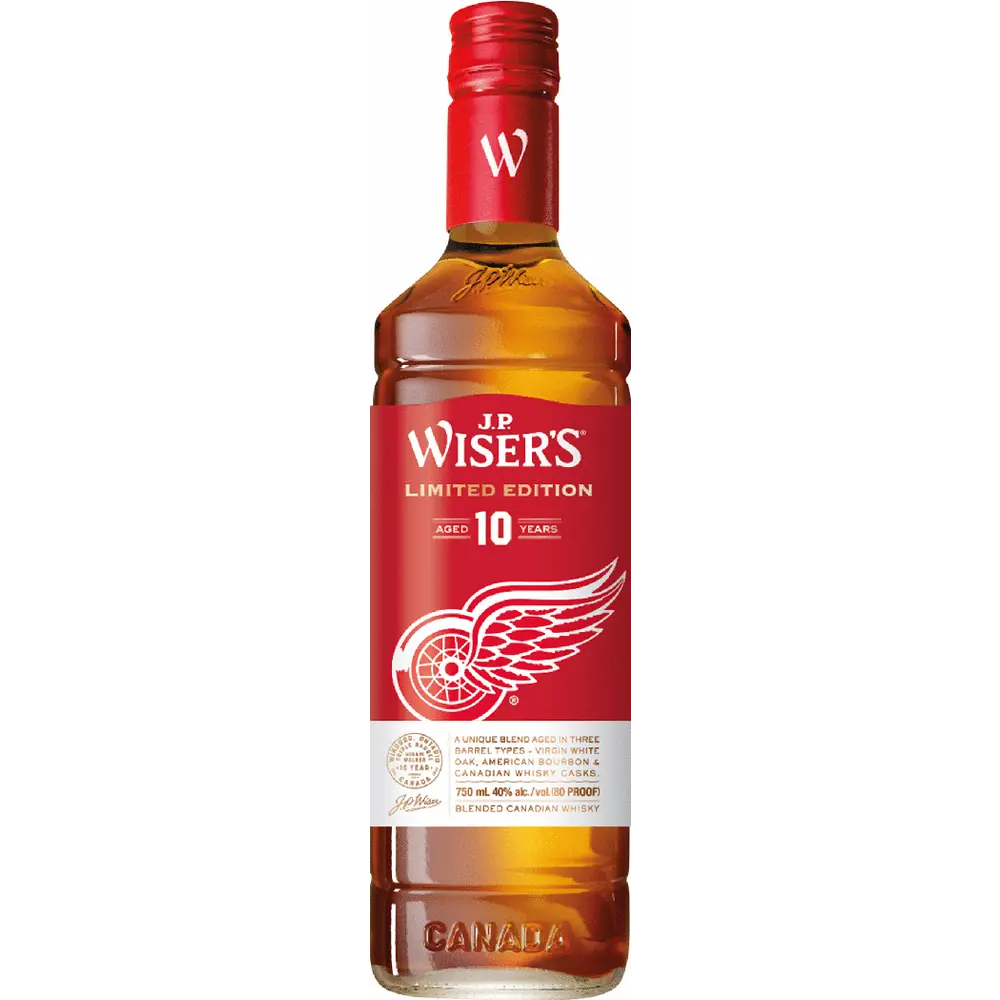 J.P. Wiser's Limited Edition 10-year-old whisky bottle with red label on a white background